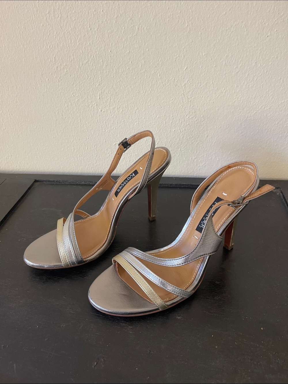 Kay Unger Metallic Silver Strappy Slingback Heels